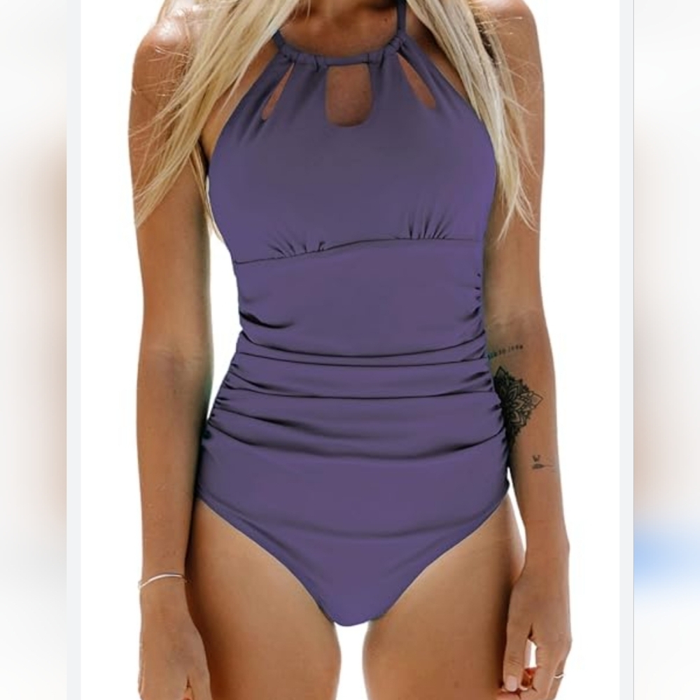 Cupshe L Purple One Piece Halter High Neck Keyhole Swimwear Bathing Suit Large